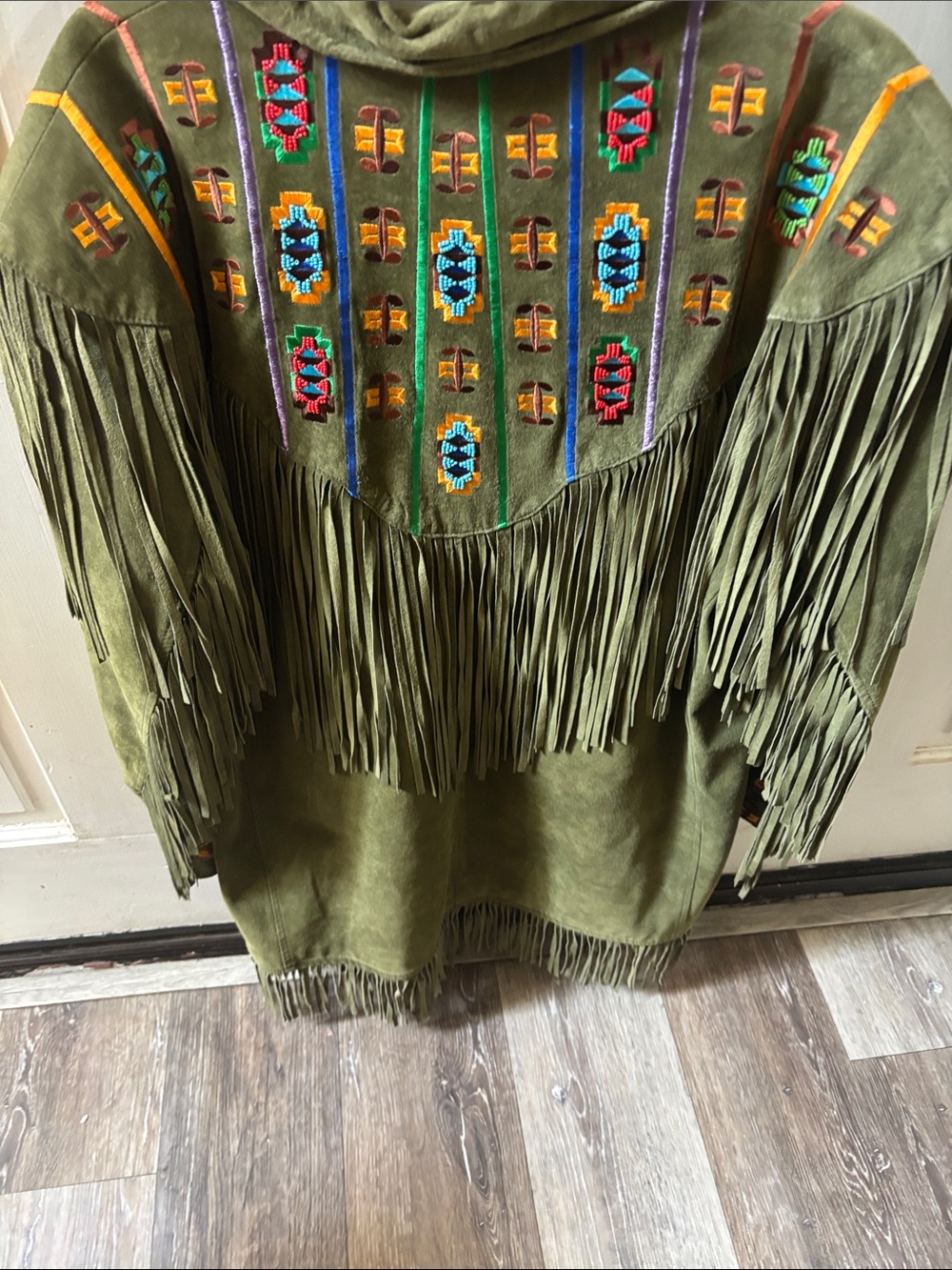 Olive Suede Fringe Jacket with Southwestern Embroidery vintage - Picture 4 of 6